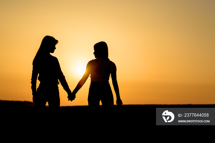 Silhouette two girl holding hand and walking in sunset. Young women couple on the beautiful landscape. Back view two cute girl against sunset sky.