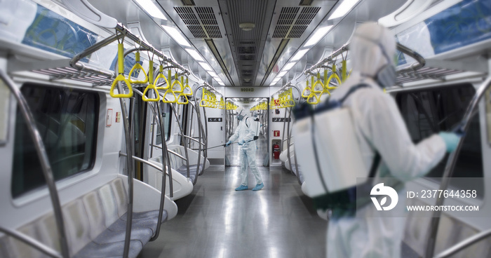 HazMat team in protective suits decontaminating metro car during virus outbreak