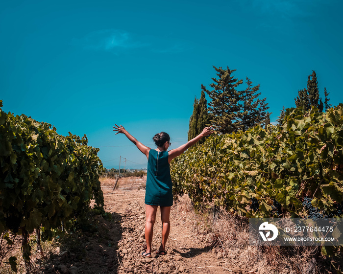 Woman  in a Italian vineyard - Nerello mascalese - Agrigento, Sicily Italy