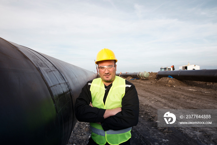 Portrait of an oilfield worker standing by gas pipe at construction site.