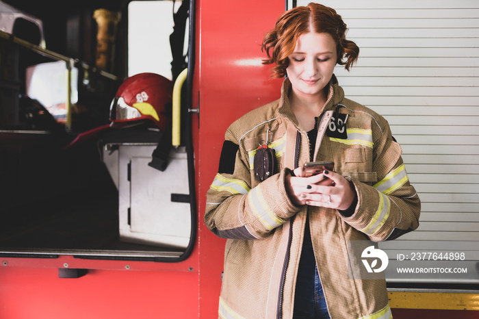 Photo of young woman firefighter with phone in her hands against background of fire engine