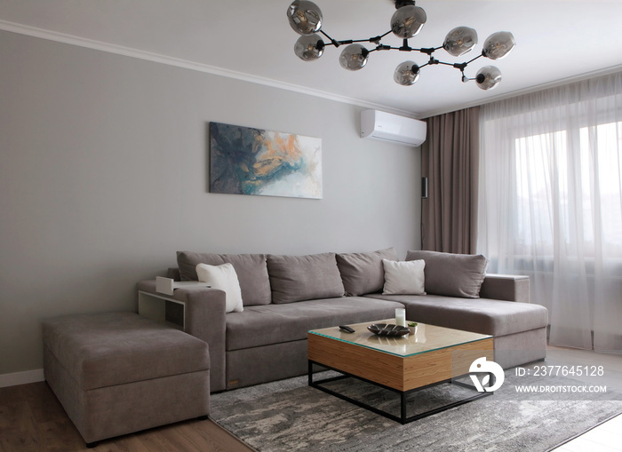 Grey corner couch with three pillows standing in bright living room interior with painting and carpet.Lightning off