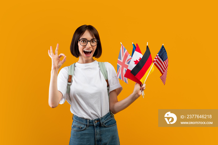 Emotional lady showing bunch of diverse flags and okay gesture, posing with backpack over yellow studio background