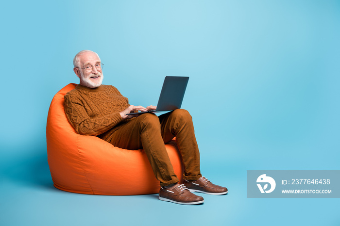 Portrait of his he nice attractive cheerful cheery glad bearded grey-haired man sitting in bag chair using laptop chatting learning it courses isolated over blue pastel color background