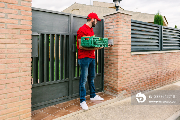 Young adult man in red shirt holding fresh organic food grocery in box delivering to customer - Small business food delivery and online shopping concept