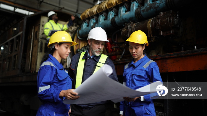 Engineers in discussion in machine maintenance in factory. Group of Industrial Engineers with Blueprint against trains and machinaries industry background.