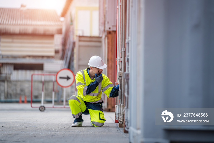 Engineer using walkie talkie checking stock into container for loading,International shipping logistics.