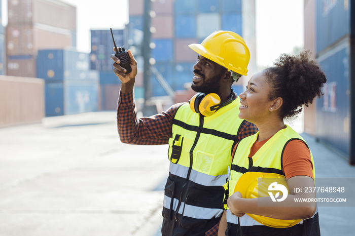 male staff worker working together  with women team in shipping cargo port