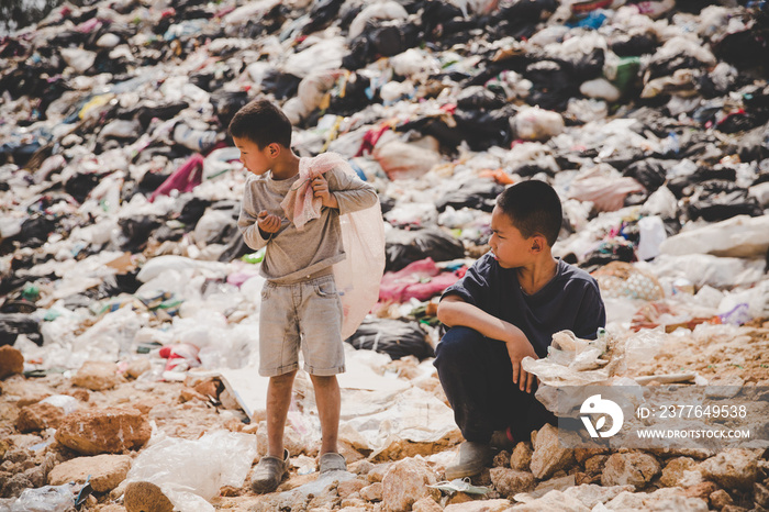 Poor children collect garbage for sale,, the concept of pollution and the environment,Recycling old rubbish,World Environment Day