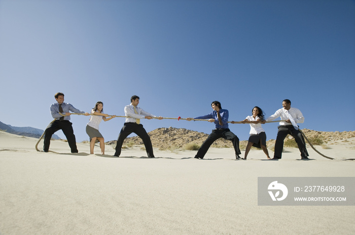 Side view of a group of multiethnic business people playing tug of war in desert