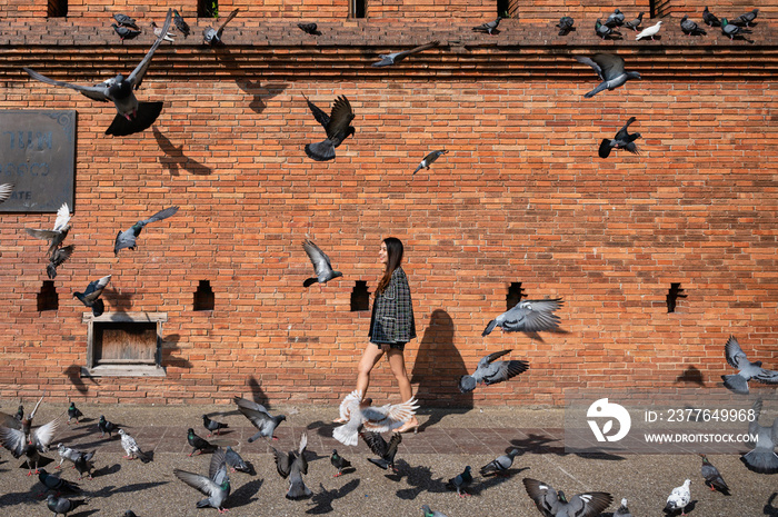 Beautiful asian woman walking through flock of pigeon flying in Tha Phae gate landmark