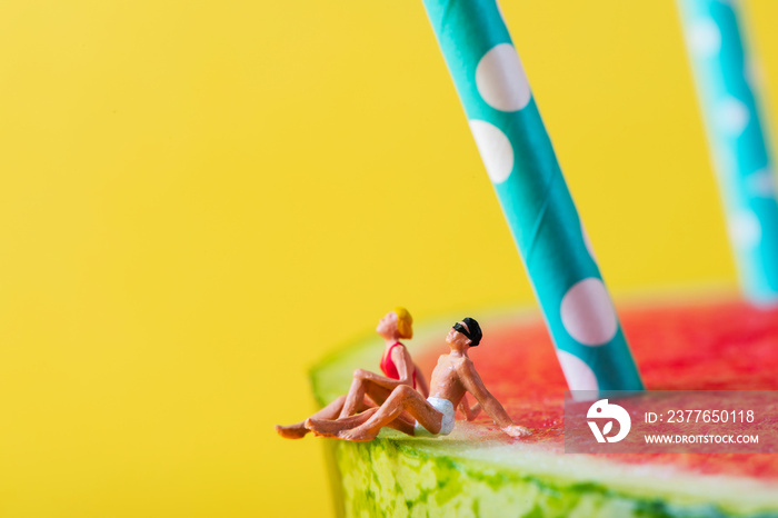 miniature man and woman in swimsuit on watermelon.