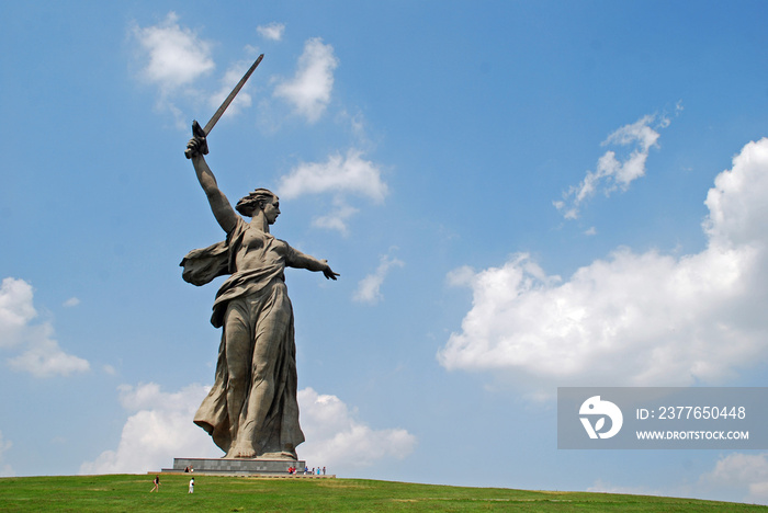 The giant statue  The Motherland Calls  at Mamayev Kurgan overlooking the River Volga in Volgograd, Russia