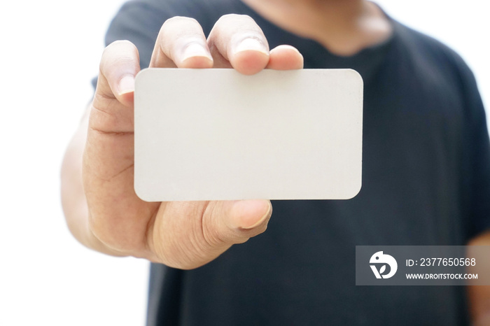 businessman holding blank white card