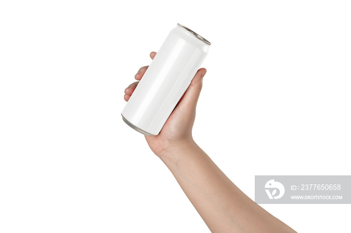 Hand holding white tin can isolated on white background.