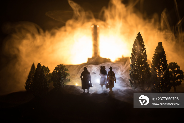 Creative artwork decoration. Chernobyl nuclear power plant at night. Layout of abandoned Chernobyl station after nuclear reactor explosion