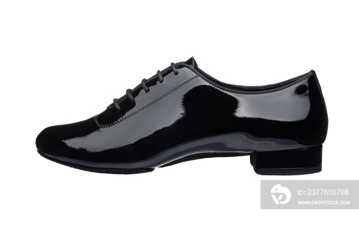 Men’s black patent leather shoes with laces. Ballroom dance shoes. White isolated background.