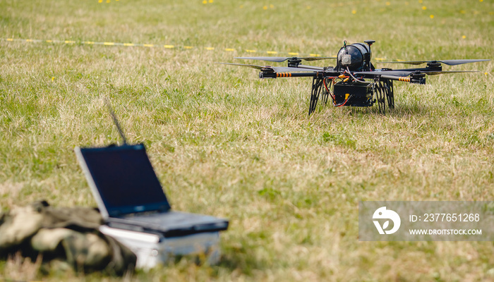 Military hybrid drone aerial test runs on hydrogen to detect people and put out fires