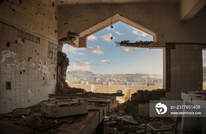 A destroyed school as a result of the bombing of the Houthi militia in the city of Taiz