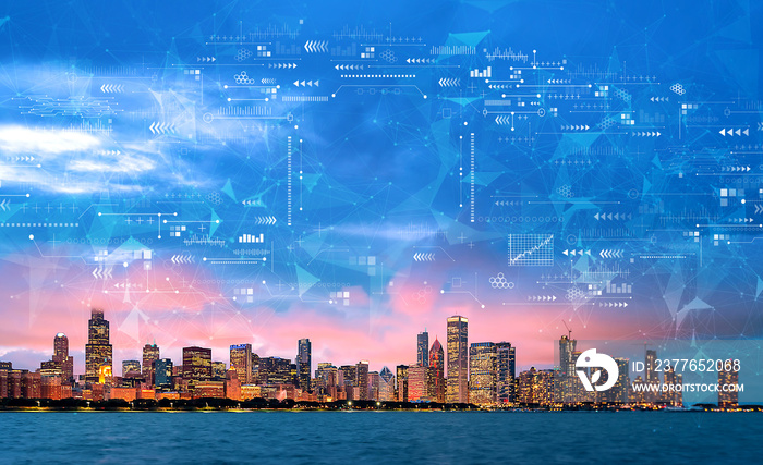 Technology screen with downtown Chicago cityscape skyline with Lake Michigan