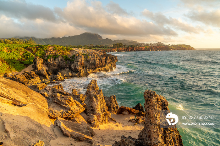 Strange rock formation on a bluff by the ocean, Poipu, Koloa, Kauai, Hawaii