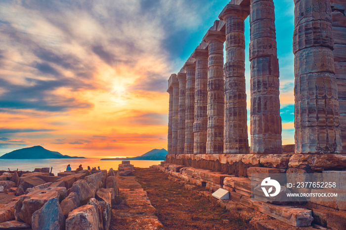 Poseidon temple ruins on Cape Sounio on sunset, Greece