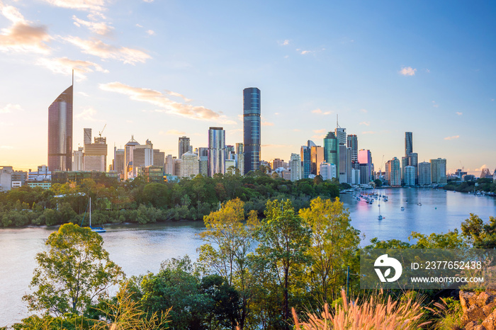 Brisbane city skyline at twilight in Australia