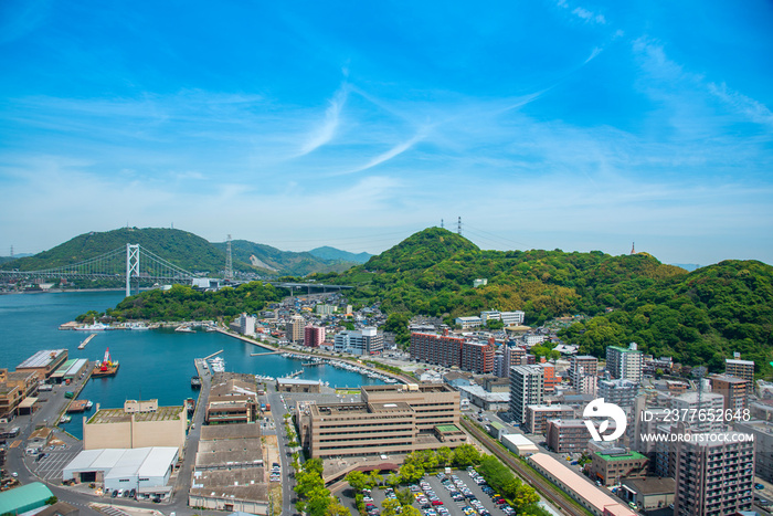 Aerial view Mojiko Retro Town, Kitakyushu cityscape and blue sky and cloud,  Kyushu, Japan.