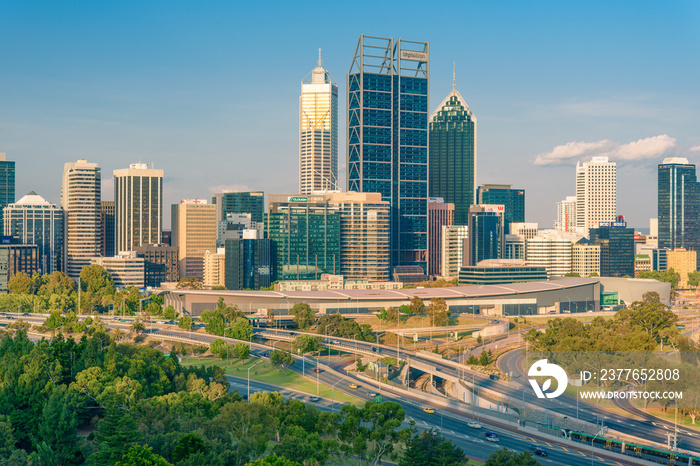 Late afternoon view of Perth city skyscrapers and Mitchell Freeway seen from Kings Park. Perth is a modern and vibrant city and is the capital of Western Australia, Australia.