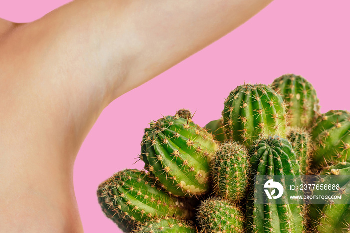 green cactus near the armpits. the concept of depilation, hair removal and removal unwanted hair on the body