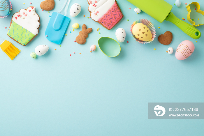 Top view photo of rolling-pin silicone spatula brush colorful easter eggs in paper baking molds cake shaped gingerbread cookies and sprinkles on isolated pastel blue background with empty space