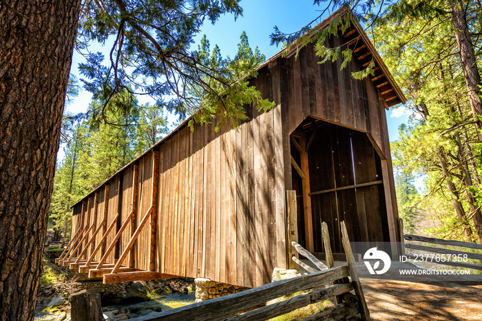 Historic covered bridge in Wawona, Yosemite National Park, California, USA.