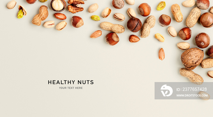 Mixed nuts on bright background. Creative layout. Color card.