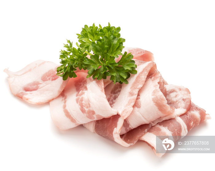 sliced bacon and parsley leaves isolated on white background cutout