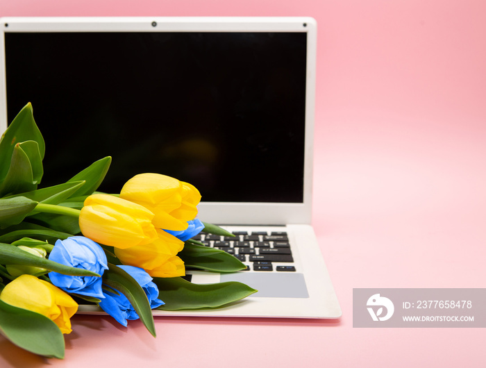 yellow and blue flowers are on the laptop. The concept of information support of Ukraine