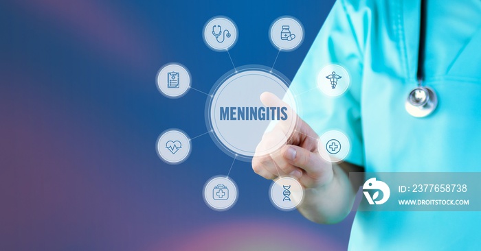 Meningitis. Doctor points to digital medical interface. Text surrounded by icons, arranged in a circle.