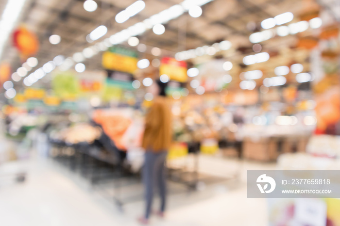 Abstract supermarket grocery store blurred defocused background with bokeh light