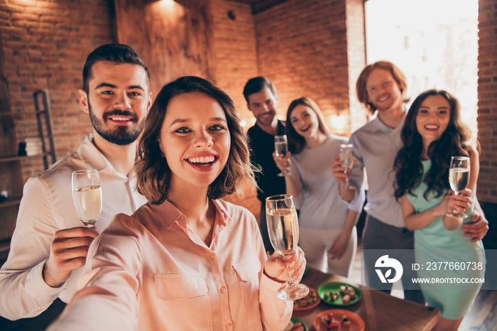 Self-portrait of nice cute attractive lovely charming winsome pretty cheerful positive ladies gentlemen having fun embracing house event daydream in industrial loft interior room