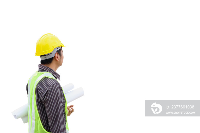 engineer worker with blueprint and safety helmet isolated on white background