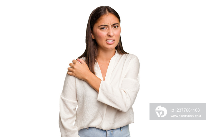 Young cute caucasian woman isolated having a shoulder pain.