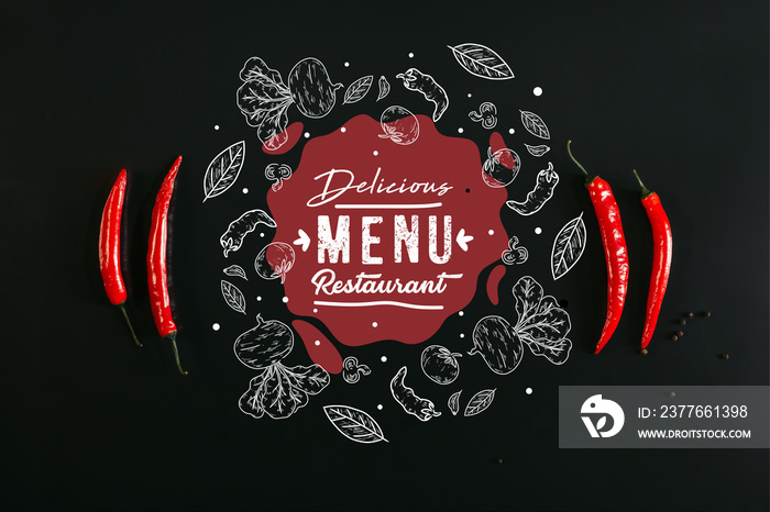 top view of red chili peppers and peppercorns on black background with  delicious menu restaurant  lettering