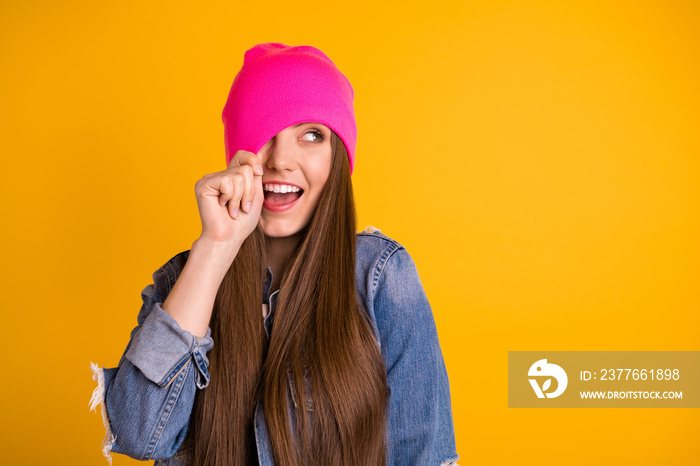 Close up photo beautiful amazing she her lady very long hairstyle hands arms close cover hide cap eye chill friends festive wear casual jeans denim jacket pink hat isolated yellow bright background