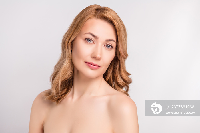 Photo portrait woman after shower naked shoulders doing body care procedures isolated white color background copyspace