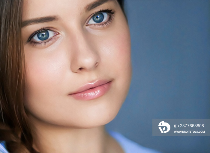 Beauty and skincare, beautiful woman with blue eyes, natural make-up, face portrait close-up