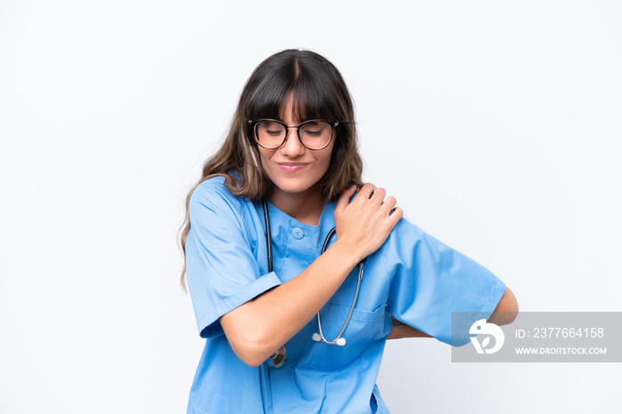 Young caucasian nurse woman isolated on white background suffering from pain in shoulder for having made an effort