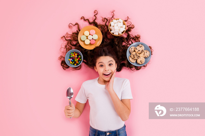 Top view above high angle flat lay flatlay lie concept portrait of her she nice beautiful cheerful cheery wavy-haired girl different dishes meal isolated over pink pastel color background