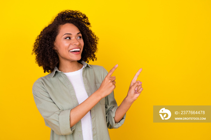 Photo of amazed excited lady point empty space impressed ads offer promo isolated shine color background