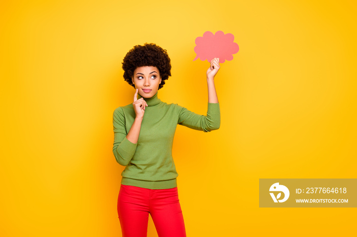 Photo of thinking pondering interested woman in red pants looking into pink cloud of thoughts thinking on new ideas isolated vibrant color background