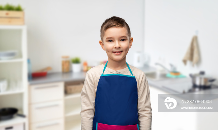 cooking, culinary and profession concept - happy smiling little boy in apron over home kitchen background