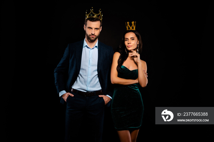 Portrait of his he her she nice-looking well-dressed gorgeous fascinating attractive groomed luxurious shine smart content bossy two person posing life lifestyle isolated on black background